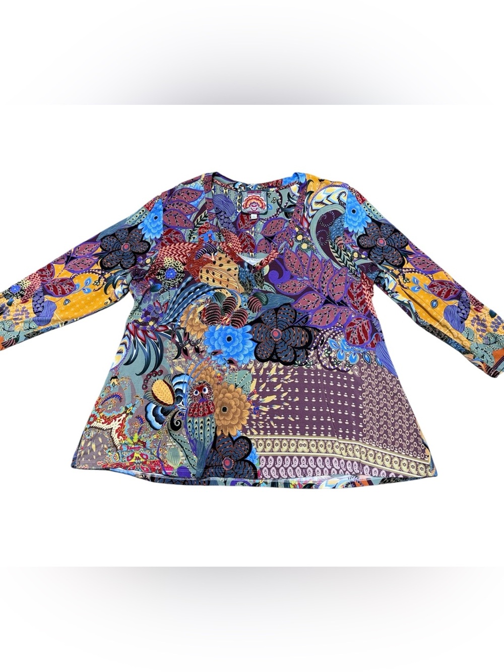Johnny Was Tunic Top Womens XL Multicolor Bamboo Owl Floral 3/4 Sleeve Boho